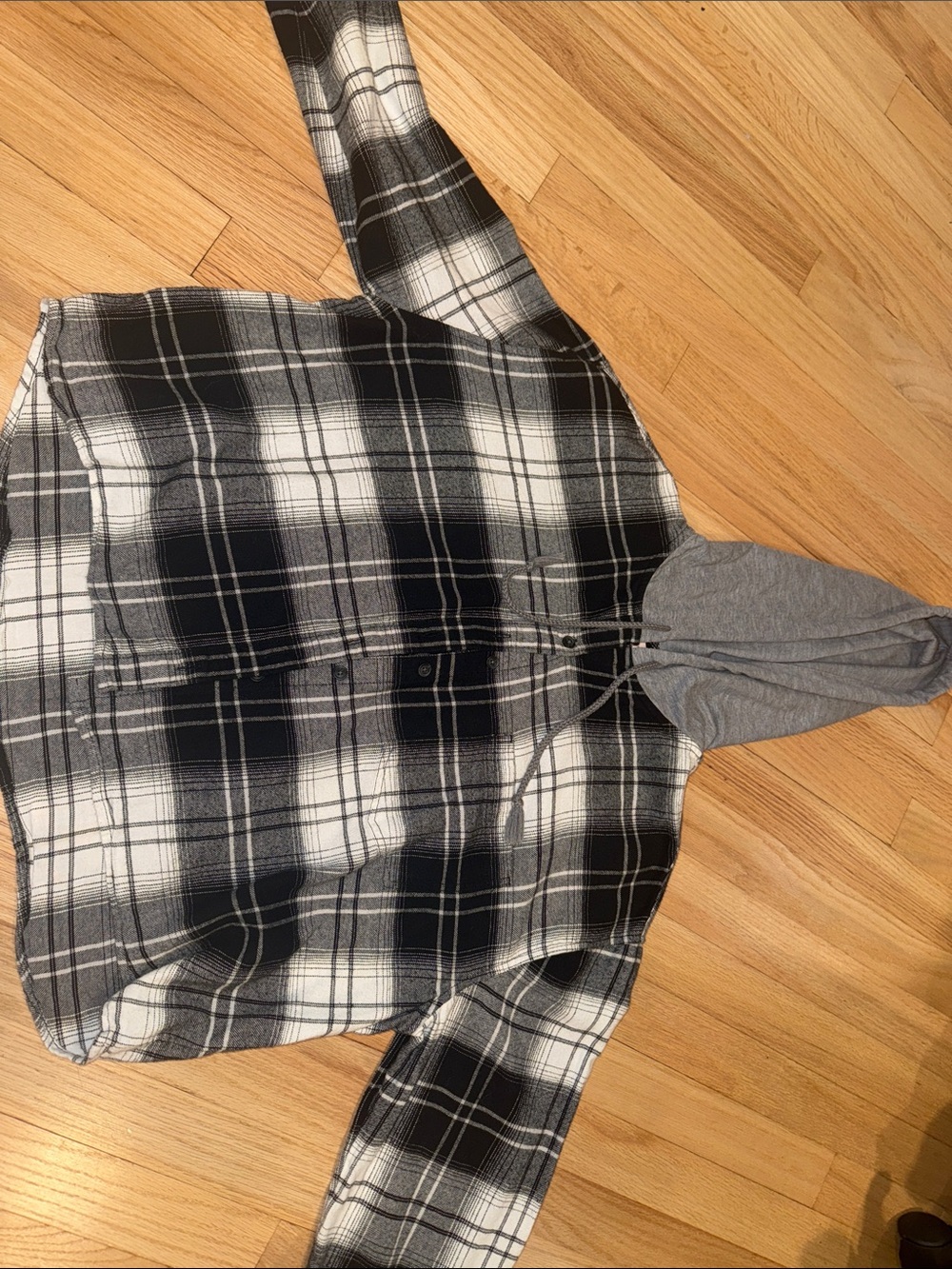 SO Black and White Plaid Hooded Button-Up Shirt Jacket